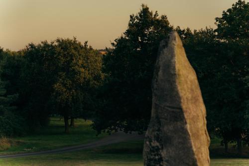a rock in the middle of a field with trees at Hyll Hotel in Chipping Campden