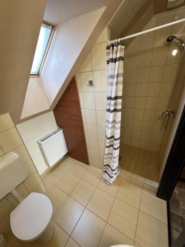 a bathroom with a shower and a toilet at Balatonfüredi Borostyán Panzió in Balatonfüred