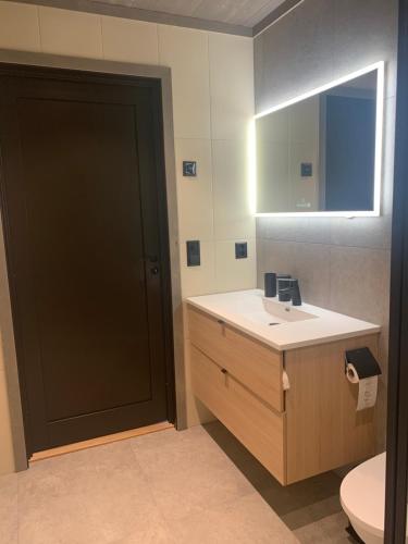 Un baño con inodoro, lavabo y espejo. en Brand new house close 2 Skiresort, en Hemsedal