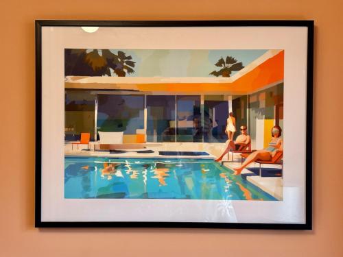 a painting of people sitting around a swimming pool at Poole Quay Apartment - Perfect Location - Beatiful Roof Terrace - Free Parking in Poole