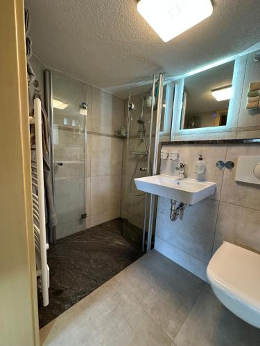 un bagno con lavandino e doccia di Ferienwohnung "Luther" a Blankenburg