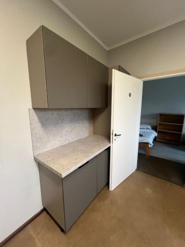 a kitchen with a cupboard and a door to a room at Worker hotel ALEJPARKS in Valmiera