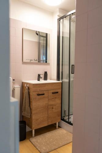 a bathroom with a sink and a shower at City apartment in the centre of Enschede in Enschede