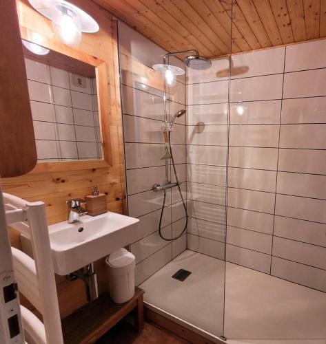 a bathroom with a shower and a sink at Résidence Tralenta DispersÉ - Studio mezzanine cosy et chaleureux MAE-2643 in Bonneval-sur-Arc