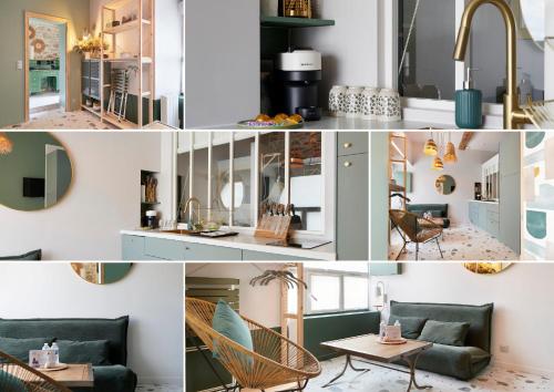 un collage di foto di un soggiorno e di una cucina di L'Ogive - Charmant appartement au coeur de Clisson a Clisson