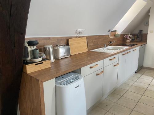a kitchen with white cabinets and a counter with a sink at Bali Surya in Chalon-sur-Saône