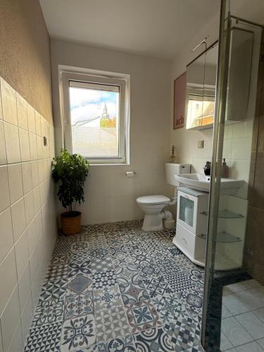 a bathroom with a toilet and a sink at Wohnen am Main in Würzburg
