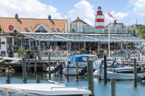 a marina with boats docked at a pier with a lighthouse at 40128-Juelsminde-Strandengen-41 in Juelsminde