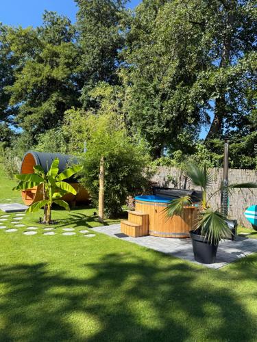a garden with plants and a fence and trees at BananaHouse in Kruszwin