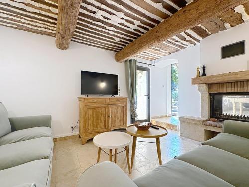 a living room with a couch and a fireplace at les gites de la Fée in Cavaillon