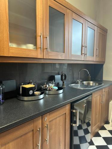 a kitchen with wooden cabinets and a counter with a sink at The Almanage in Clogheen