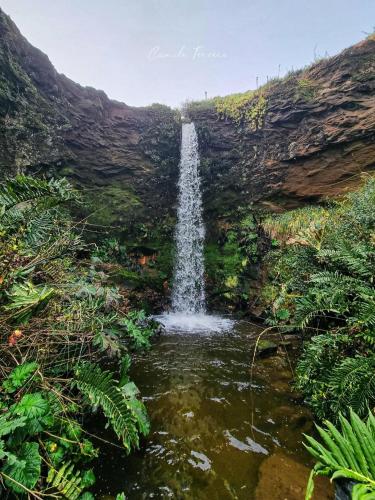 a waterfall in the middle of a river at Refugio de montaña con vista al mar in Curiñanco