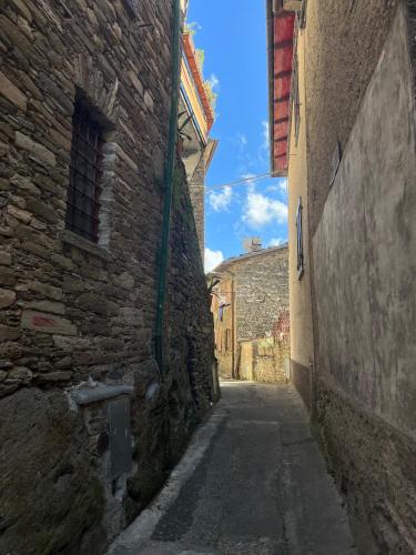 an alley in an old stone building with a blue sky at Le Prunache in Stazzema