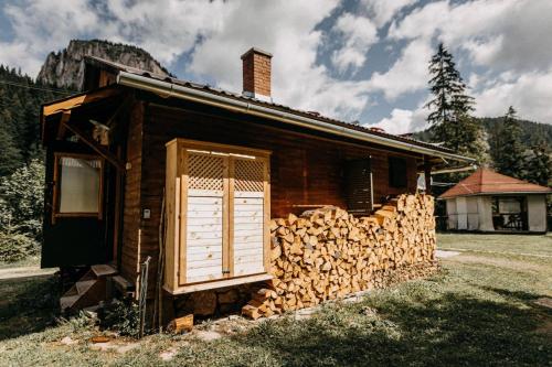 a log cabin with a pile of fire wood at Mountain View Tiny House in Lacu Rosu
