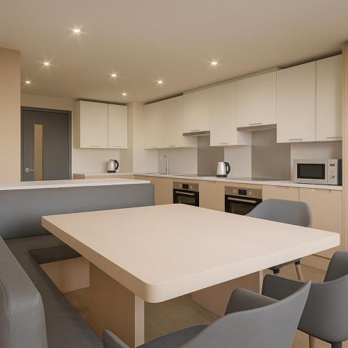 a kitchen with a white table and chairs at Destiny Student - Burnet Point in Edinburgh