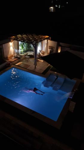 a person swimming in a swimming pool at night at DAR-Layem in Hanshīr Qaşr Ghallāb