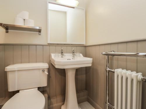 a bathroom with a toilet and a sink and a mirror at Huntsman's Cottage in Grange Over Sands