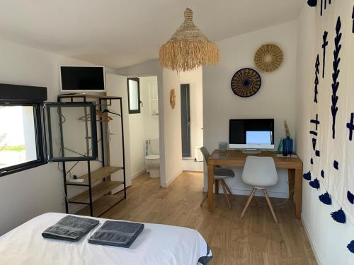 a bedroom with a bed and a desk with a computer at Cabane Souirie cosy & clim au calme avec extérieur in Baillargues