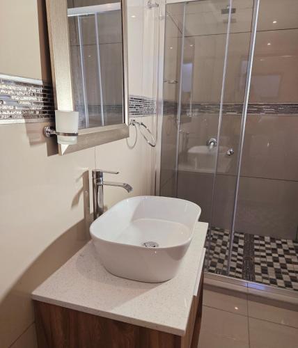 a bathroom with a white sink and a shower at Sandown Suites and Conference Centre in Johannesburg