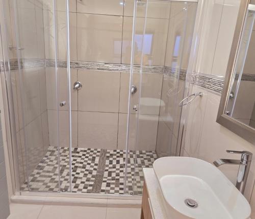 a bathroom with a shower with a sink and a toilet at Sandown Suites and Conference Centre in Johannesburg