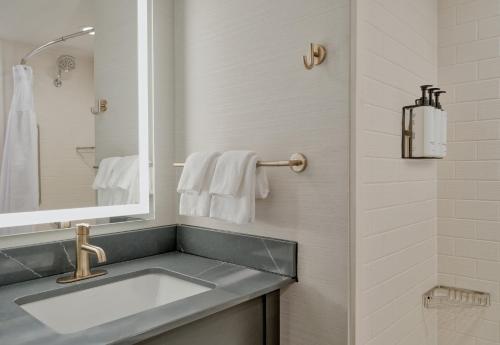 a bathroom with a sink and a mirror at Crowne Plaza Indianapolis-Dwtn-Union Stn by IHG in Indianapolis