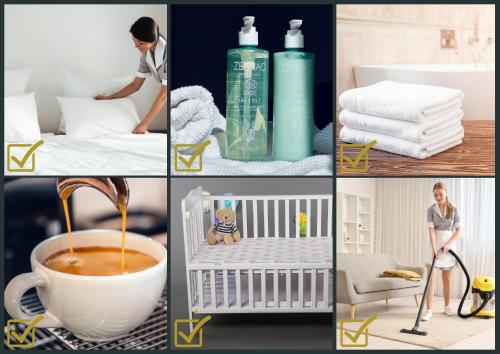 a collage of pictures with a crib and towels at L'essentiel, calme et climatisé - Accès autonome in La Ferté-Gaucher
