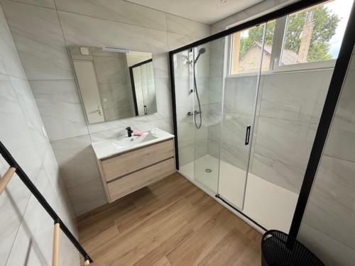 a bathroom with a shower and a sink and a mirror at Maison entièrement rénovée in Dinard