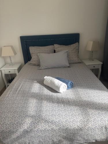 a bed with a rolled up towel on it at Studio Le Mansart au pied du Château Insead in Fontainebleau