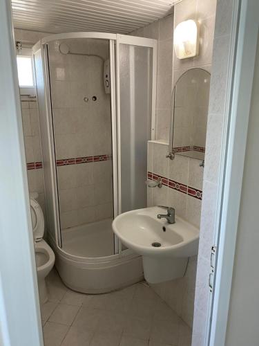 a bathroom with a sink and a shower and a toilet at Abaş Masmavi Otel in Yumurtalık