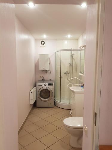 bagno con lavandino doccia e lavatrice di 2-room apartment in the house with the SEPARATE ENTRANCE & FREE parking a Riga