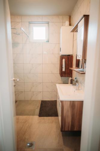 a bathroom with a sink and a shower at Apartman AURELIUS in Vinkovci