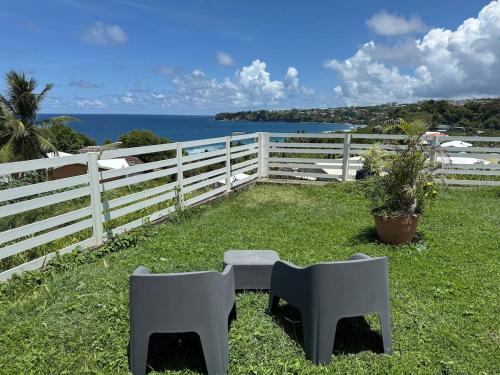 two benches sitting in the grass next to a fence at Les Tourterelles - Appartement vue mer & jacuzzi in Le Lorrain