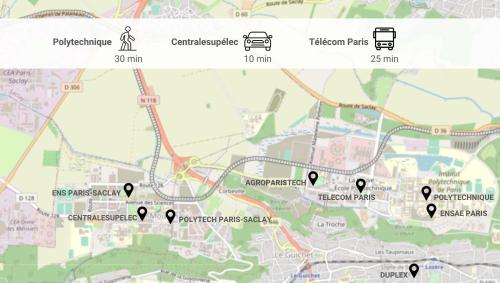 a map of the city of berlin with locations at Le Duplex , Proche Gare RER, Parking, Arrivée autonome in Palaiseau