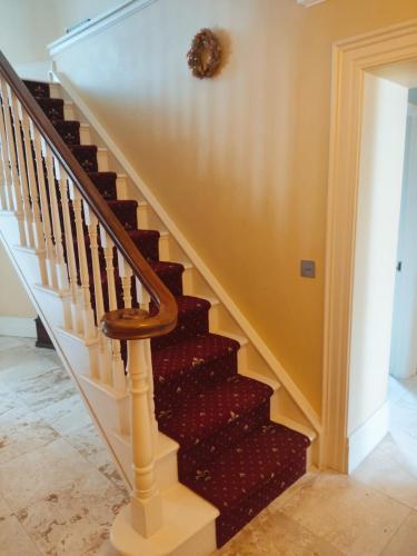 a staircase in a home with red carpeted stairs at Charlesfort House in Ferns