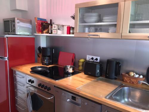 a kitchen with a counter with a sink and a refrigerator at Garten86 in Bremen