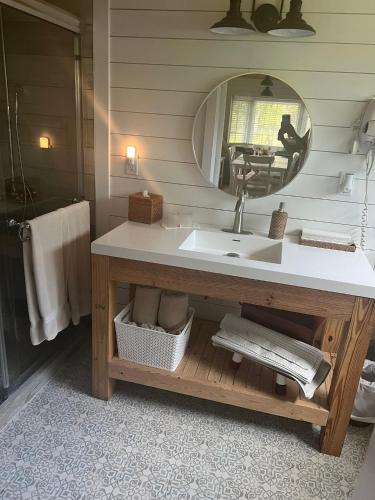 a bathroom with a sink and a mirror at Maria's Tiny Barn in Homestead