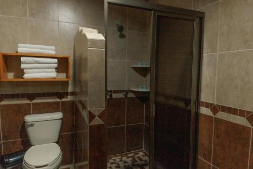 a bathroom with a toilet and a shower at Hotel Santa Cecilia in Tapalpa