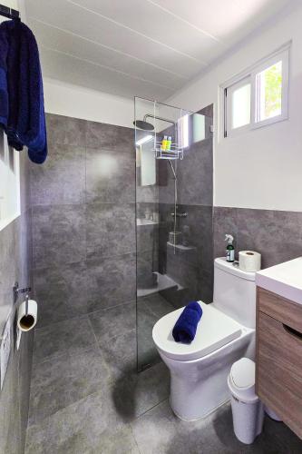 a bathroom with a toilet and a glass shower at Casa Fofo in San Carlos