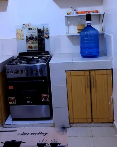 a kitchen with a stove and a large blue bottle at Charme Home in Nanyuki