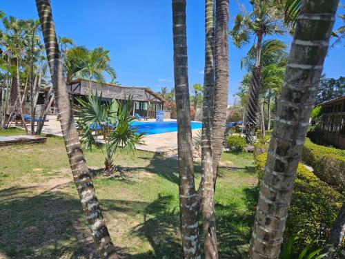 Blick auf einen Pool durch Palmen in der Unterkunft Eco Resort Vento Leste in Jericoacoara