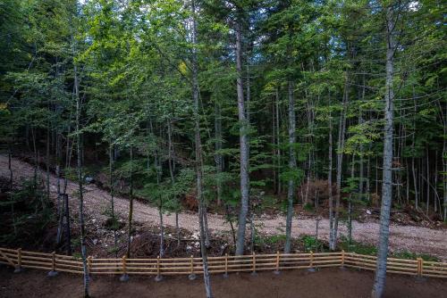 a wooden fence in the middle of a forest at Apartment Aveline in Bjelašnica