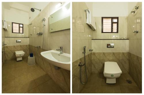 two pictures of a bathroom with a sink and a toilet at Hotel O Sai Kalyan Suites in Chikmagalūr