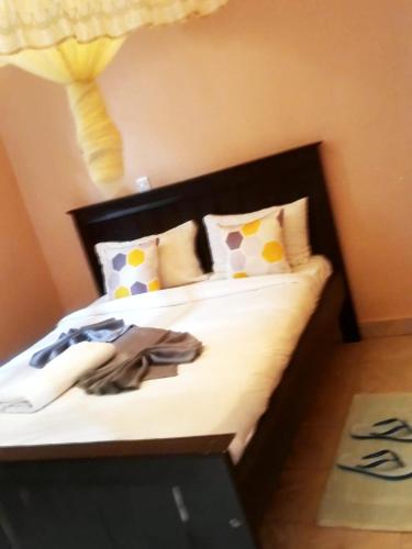 Un dormitorio con una cama con una lámpara encima. en Anjeline Abuko, en Kitale