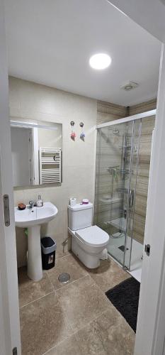 a bathroom with a toilet and a sink and a shower at Ático con Terraza Feria Albacete in Albacete