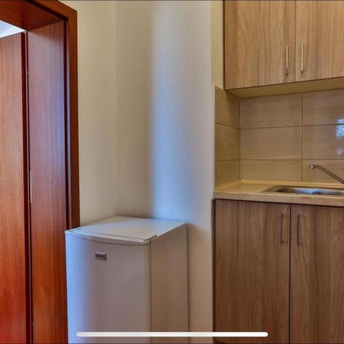 a kitchen with a white refrigerator and wooden cabinets at Villa Kosta in Budva