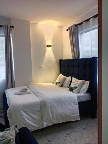 a bedroom with a large bed with a blue headboard at Relax Crib in Ruiru