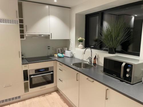 a kitchen with a microwave oven and a sink at Modern and nice apartment, near the university, UIA in Kristiansand