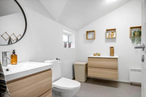 a bathroom with a sink and a toilet and a mirror at 30156-Odder-Chr-Christensensvej-4 in Beder