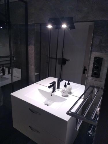 a bathroom with a white sink and a mirror at Appartement dans copropriété arborée in Saint-Jacques-de-la-Lande