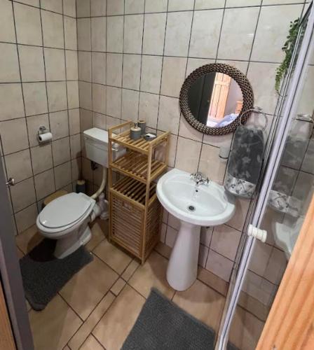 a bathroom with a toilet and a sink and a mirror at 39 Shone GH in Postmasburg
